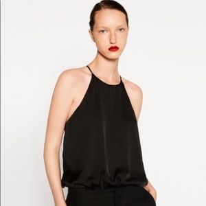 Zara Black Satin Halter Spaghetti Strap Bodysuit
